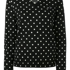 Womens V-Neck Pullover Polka Dot Black Heart - Black
