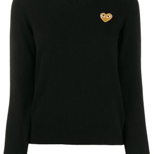 Womens V-Neck Pullover with Gold Heart - Black