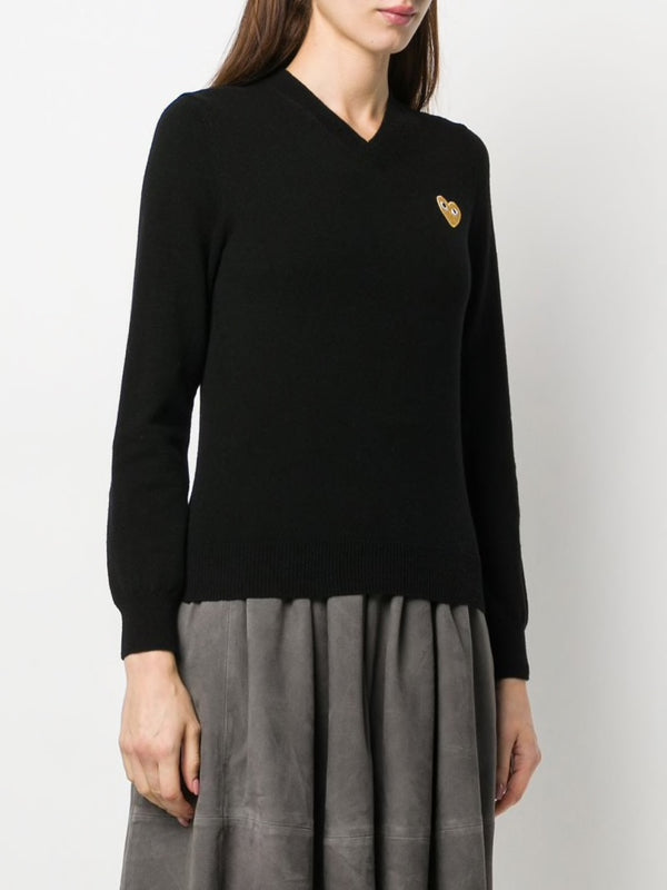 Womens V-Neck Pullover with Gold Heart - Black - Image 3